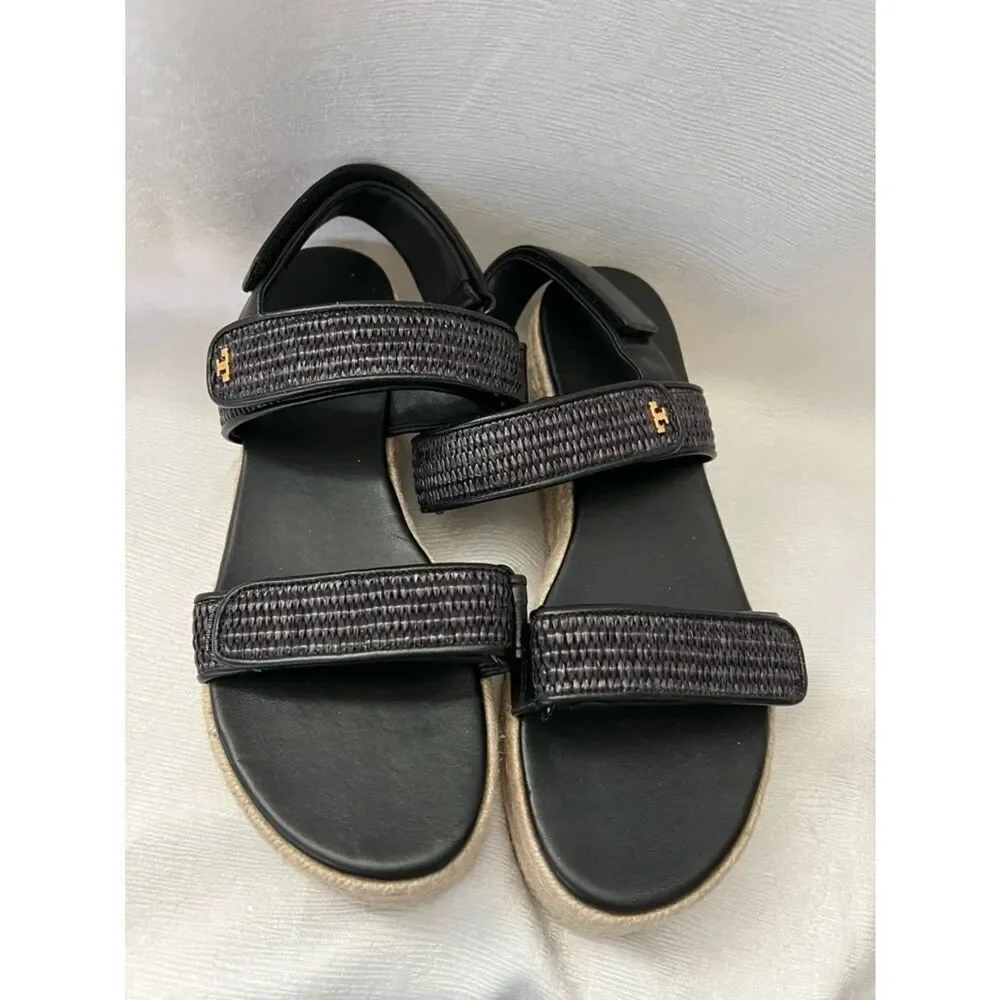 Tory Burch Black Woven Platform Espadrille Sandal in size 9